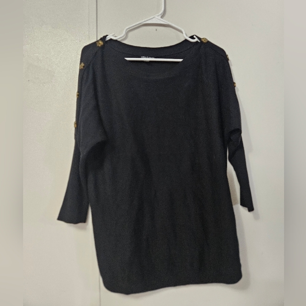 Cable&gauge Black Sweater With Shoulder Button Accents!